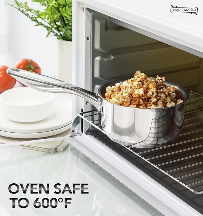 Elevate your cooking experience with the Michelangelo Saucepan Set, a collection of three versatile and essential pieces that cater to all your culinary needs. Comprising one 1-quart, one 2-quart, and one 3-quart saucepan, this elegant set is perfect for everything from preparing delicate sauces to crafting hearty stews. The premium 18/10 stainless steel construction, featuring a core of aluminum for rapid heating, ensures these saucepans deliver consistent and reliable performance without reacting with your food or altering its natural flavors.