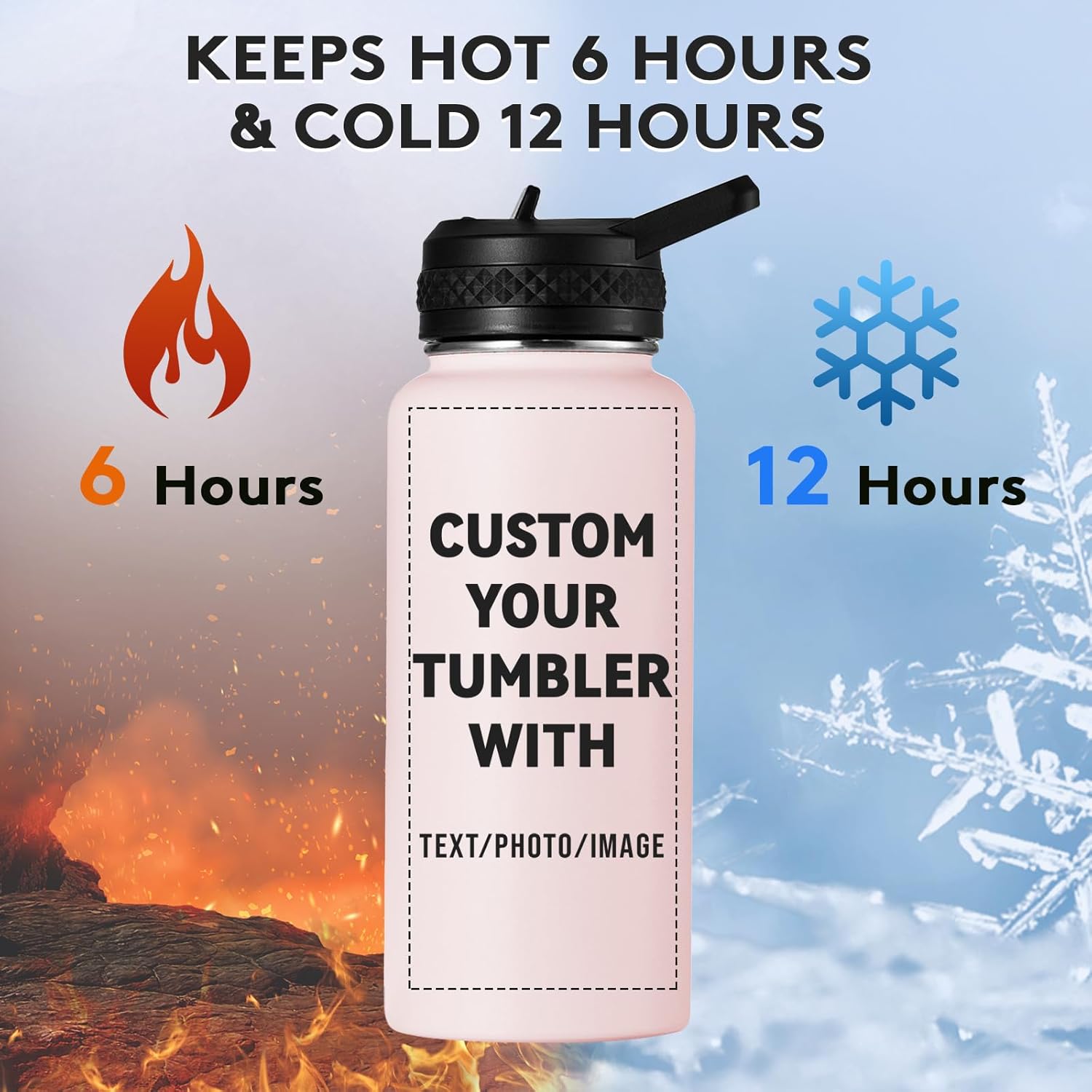 Personalized 32oz Water Bottle, Insulated Sport Water Bottle with Leak-proof Lid, Custom Water Bottle with Photo, Text, Logo, Print in USA, Pink, 1 Pack