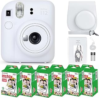 Fujifilm Instax Mini 12 Clay White Instant Camera Bundle with 60 Sheets Film, Carrying Case & 64-Pocket Album