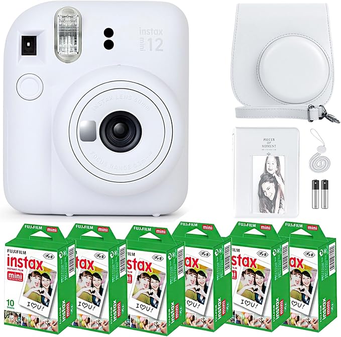 Fujifilm Instax Mini 12 Instant Camera Clay White and Fuji Film Value Pack (60 Sheets) Bundle with Sturdy Tiger Accessories, Carrying Case, Photo Album 64 Pockets