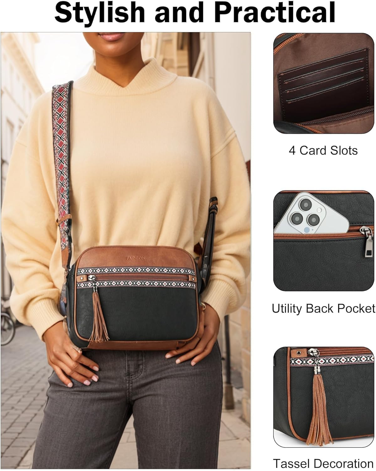FADEON Crossbody Bags for Women Designer Vegan Leather Crossbody Purse Multi-pocket Medium Shoulder Bag with Card Slots - Image 7