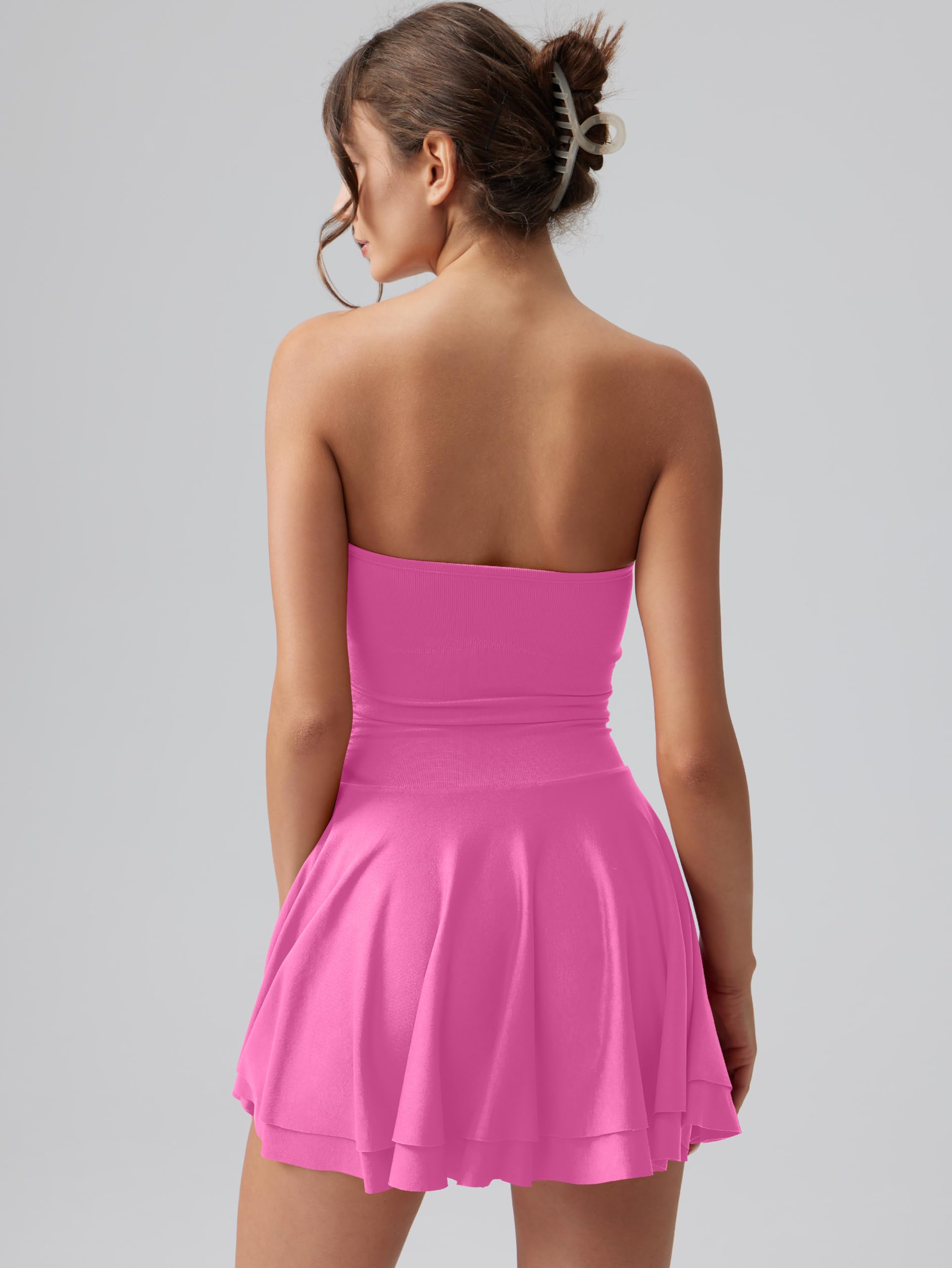 OQQ Women's Mini Dress Summer Cocktail Tube Ruched Waist Ruffle Corset Party A-line Dresses: Rose Small