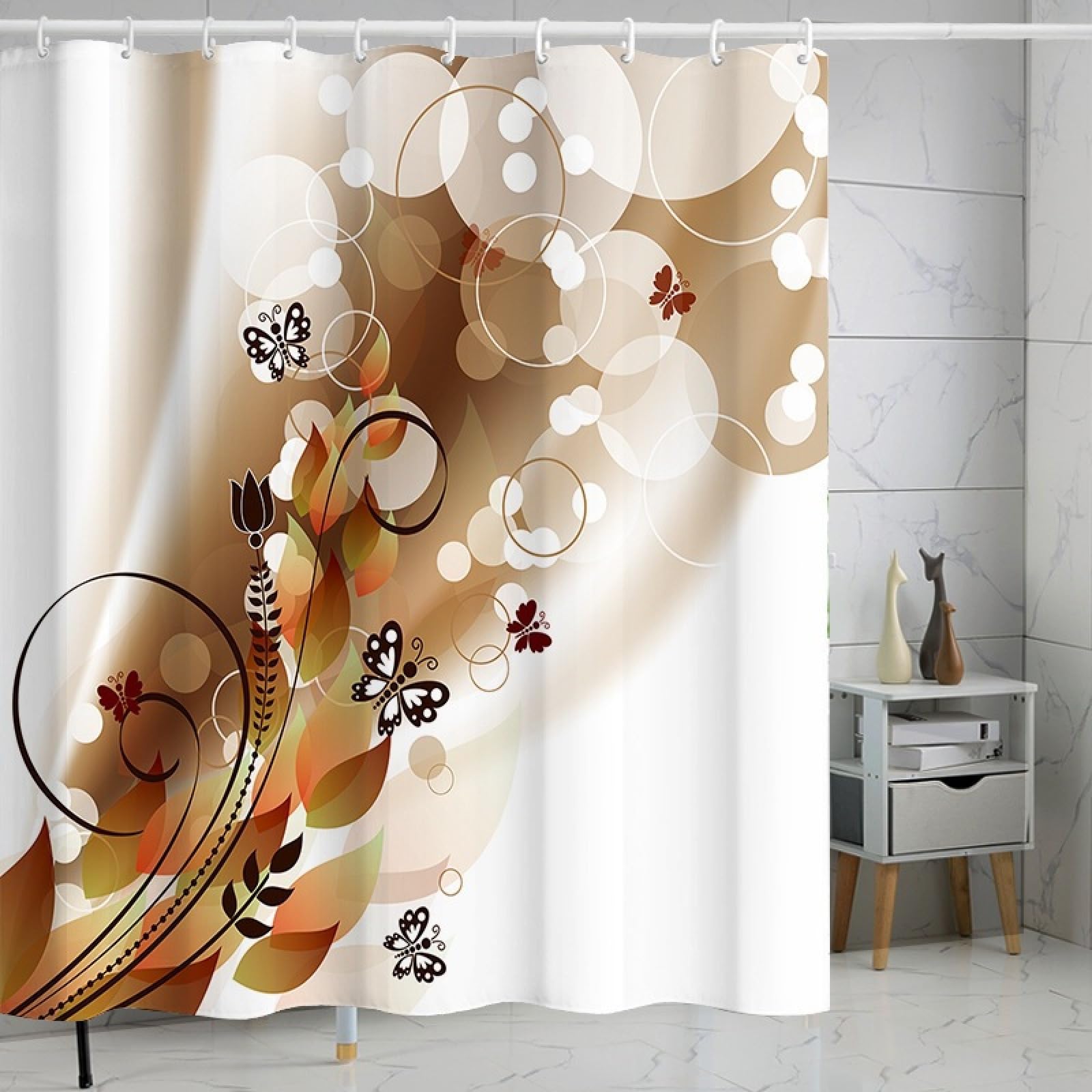 Shower Curtains Brown Butterfly Circle Wet Room Shower Curtain Mould Proof Resistant Waterproof Polyster Fabric Washable with 12 Hooks Garden Bathroom Curtains (180x220cm)