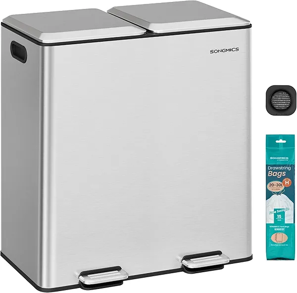 SONGMICS Trash Can, 2 x 8 Gallon (2 x 30 L) Double Garbage Can with Soft-Close Lids, Removable Inner Buckets, Pedals, Stainless Steel, for Waste and Recycling, Metallic Silver ULTB743E01