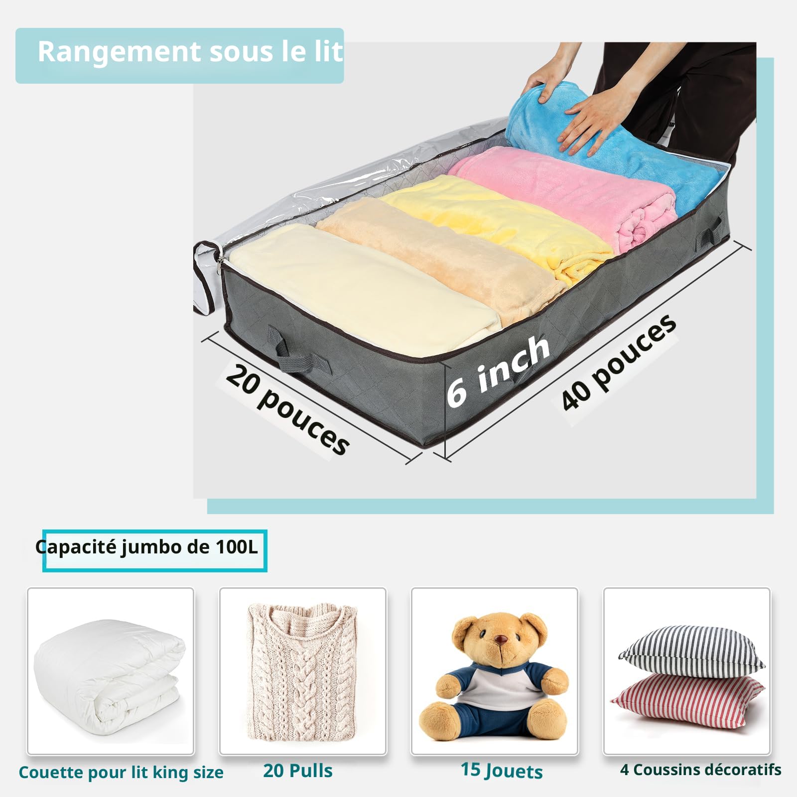 StorageRight Lot De 4 Bacs De Rangement Sous Le Lit, Sacs De Rangement Pliables En Tissu Avec Fenêtre Transparente, Organiseur Respirant Pour Vêtements/couverture/couette/couette, 40 L, Gris