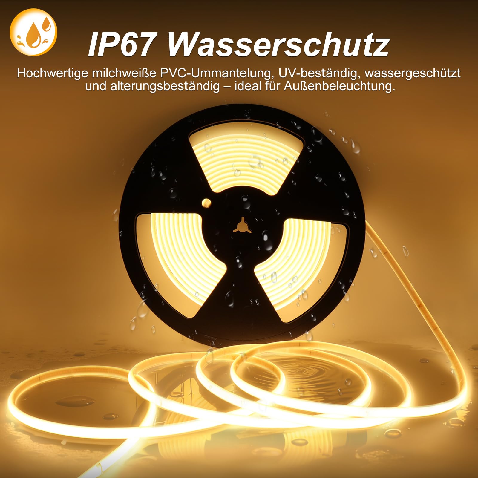 COB LED Streifen 230V 10m Warmweiß 3000K IP67 dimmbar | 296 LEDs/m, direkt an AC 230V ohne Trafo, zuschneidbar alle 12,5 cm, PVC Schlauch für Innen & Außen