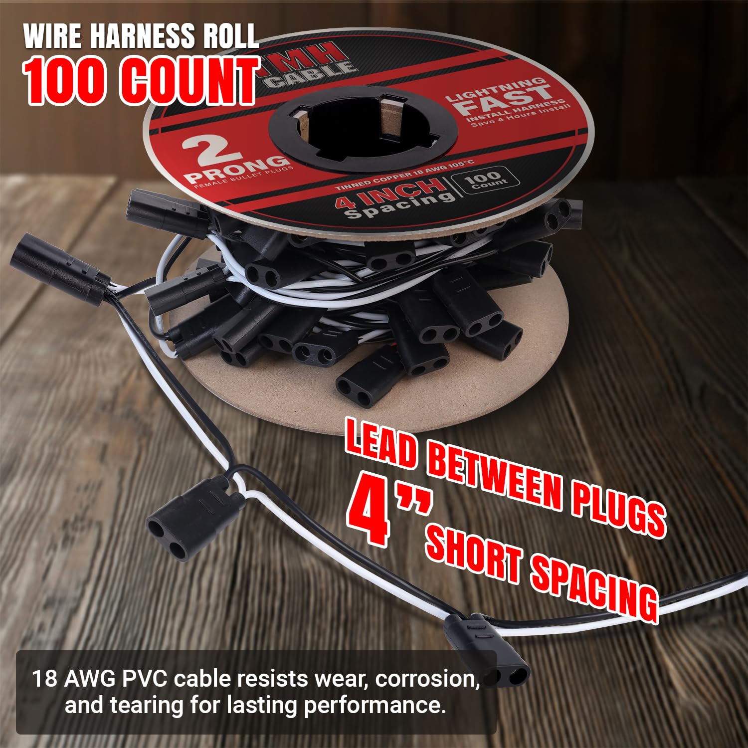 TMH 100 Count 2-Prong Wire Harness Roll Double Female Bullet Plug 18 Gauge - 4" Spacing Shorter Long for LED Marker Clearance Lights Hassle-Free Installation