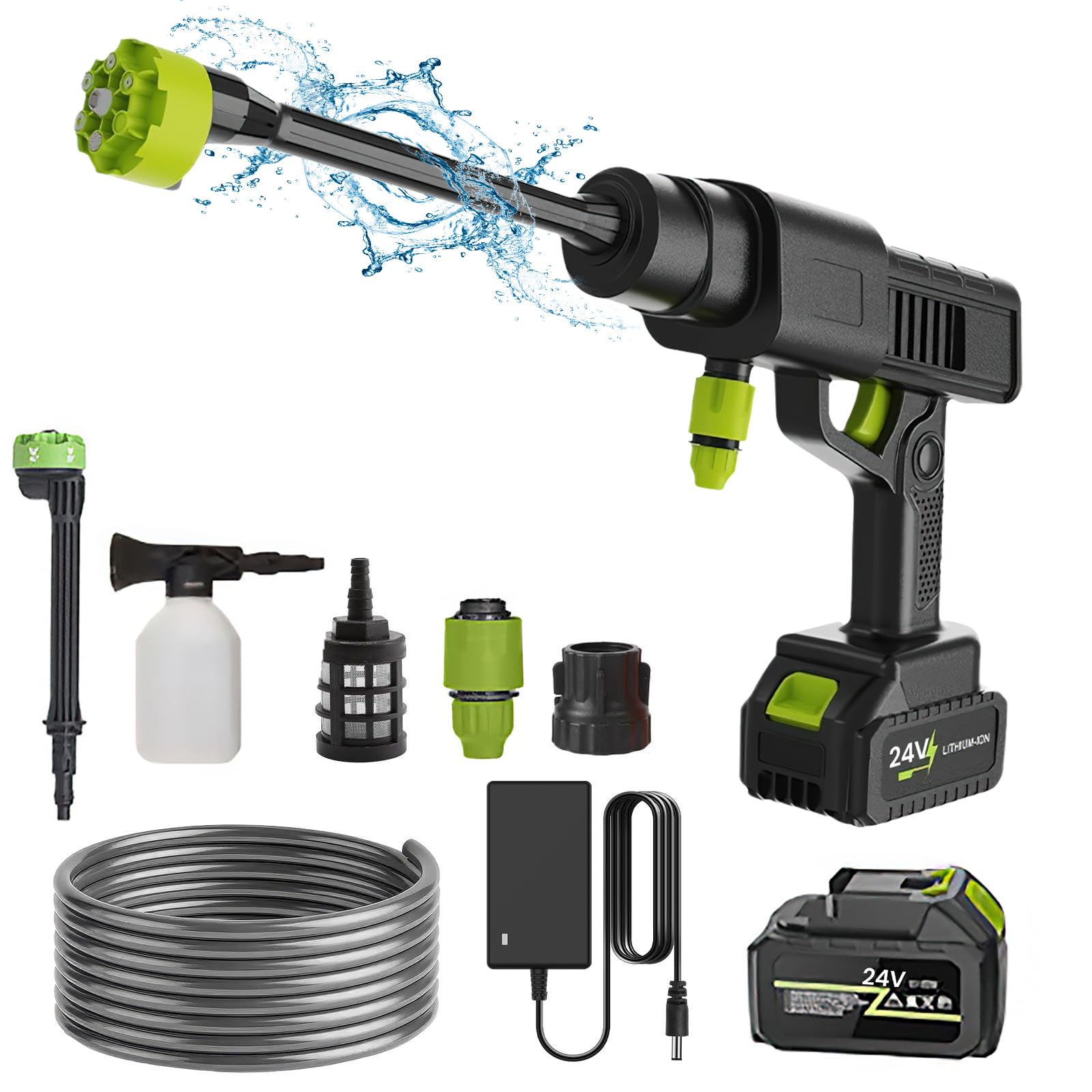 Limpiador de alta presión inalámbrico de 24 V, 30 bar, 6 en 1 boquilla, 180 °, boquilla giratoria, 5 m, manguera, distancia de pulverización 8 – 10 metros, 1 batería 1 cargador, para lavado y riego de