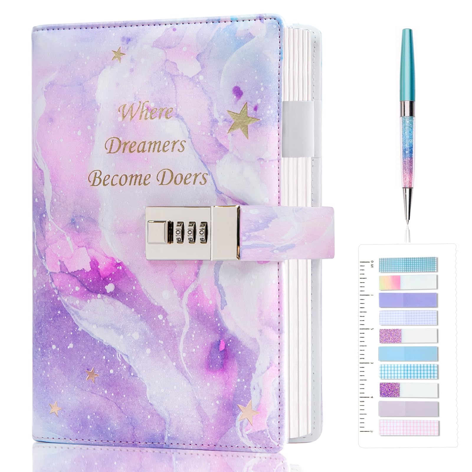 Diary with Lock, 192 Pages College Ruled Journal with lock, A5 Secret Lock Journal with Pen and Color Notes for Girls Ages 8-12, Birthday Gifts for Girls, Purple