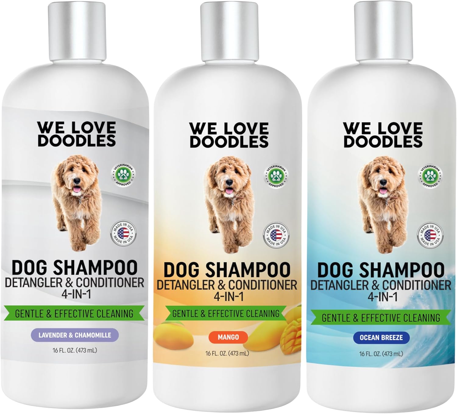 We Love Doodles 4-in-1 Dog Shampoo, Conditioner, & Detangler Kit & Bundle (3-Pack) | Made in USA | Lavender, Mango, Ocean Breeze | 48 oz Total