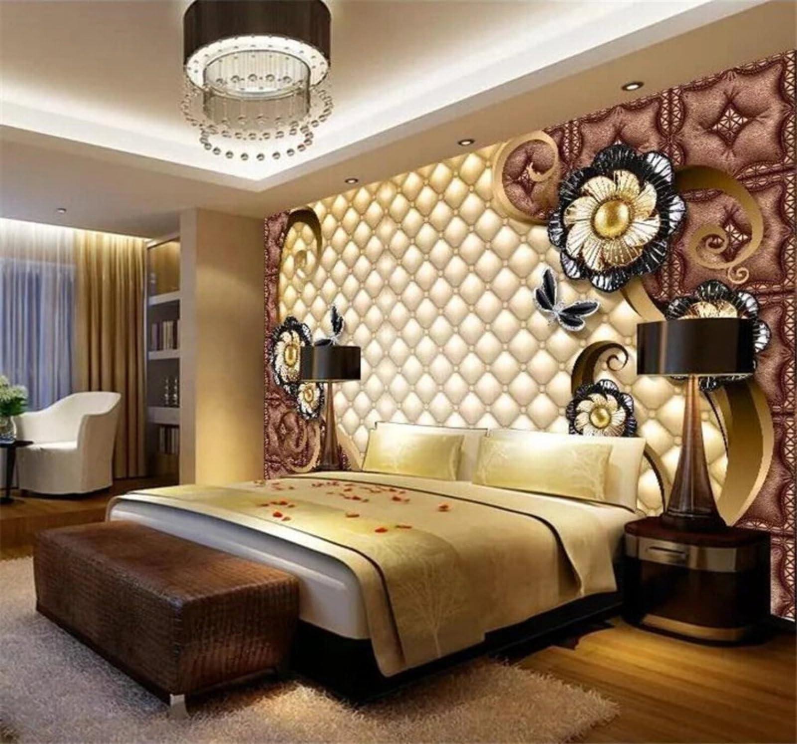 Creative Luxurious Black Floral Upholstered 3D Wallpaper Easy Install Feature Office Living Room Sofa Bedroom TV Background Wall Decoration-350cm×256cm