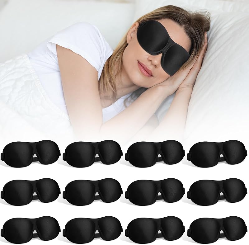 12 Pack Sleep Mask Blackout 3D Eye Mask for Ultralight Sleeping Night Blindfold Eye Covers with Adjustable Strap for Men Women Travel Gift Back and Side Sleeper (Black)