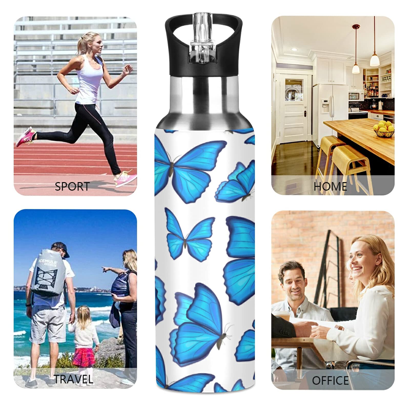 Bouteille d'eau de 650 ml avec paille, gourde de sport en acier inoxydable sans BPA pour salle de sport, cuisine, travail, extérieur