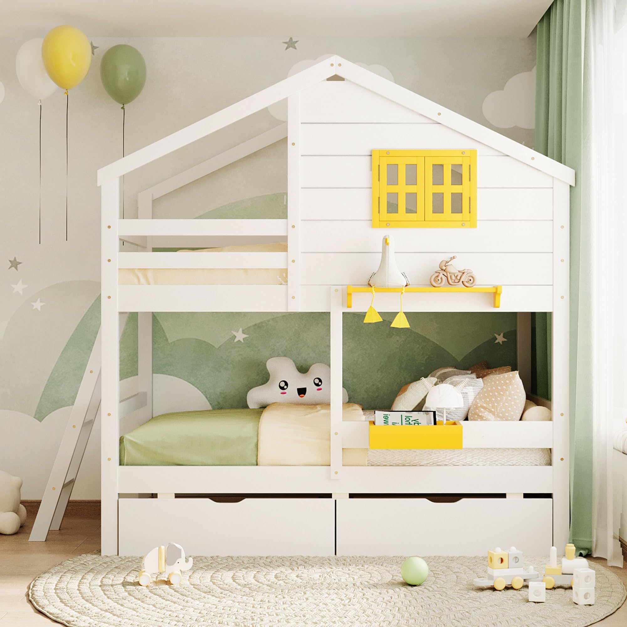 Harper & Bright Designs House Bunk Bed for Kids, Twin Over Twin Bunk Beds with Storage Drawers & Shelf, Solid Wood Bunk Bed with Roof & Window for Kids Girls Boys Teens,White