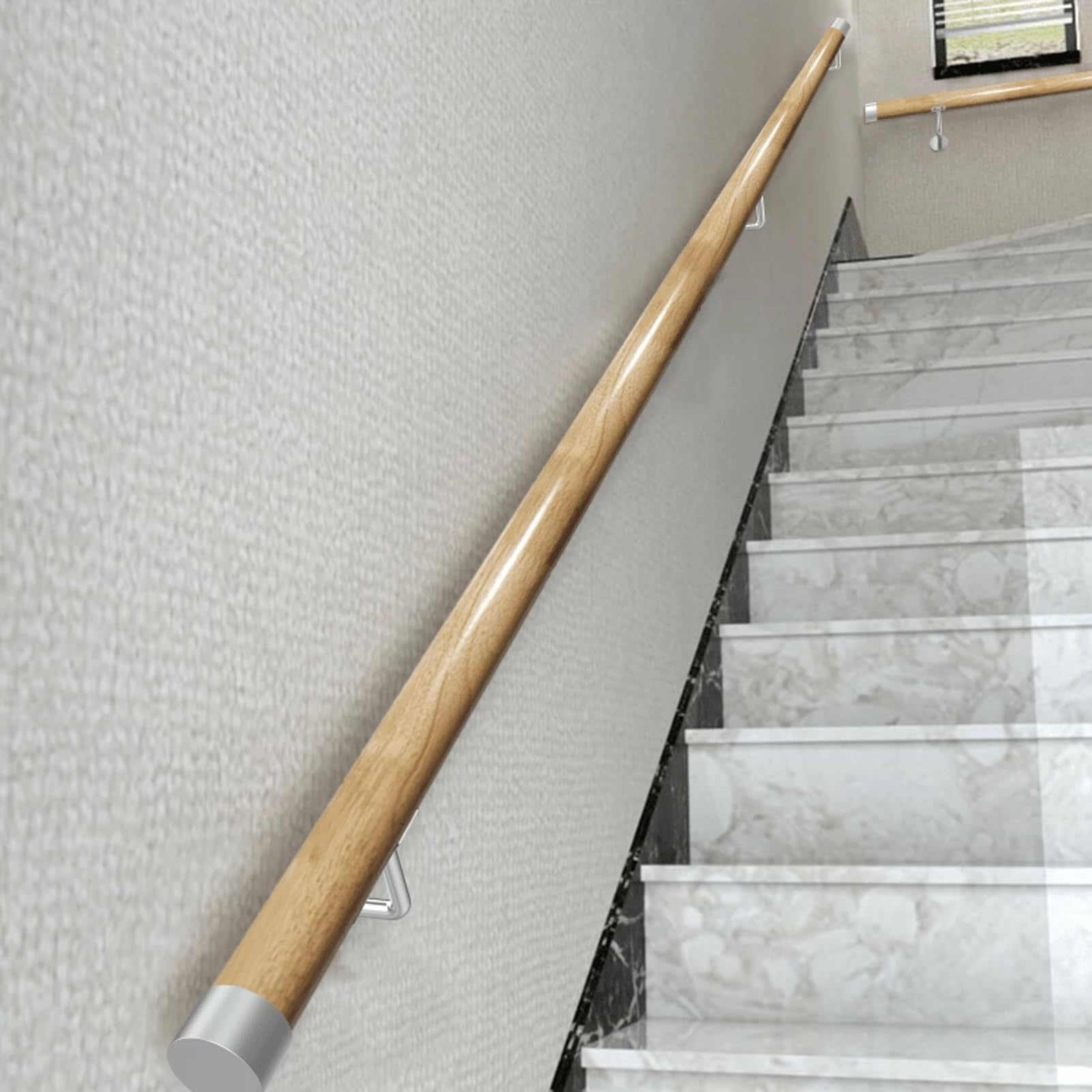 Main courante d'escalier antidérapante en bois avec supports muraux de sécurité