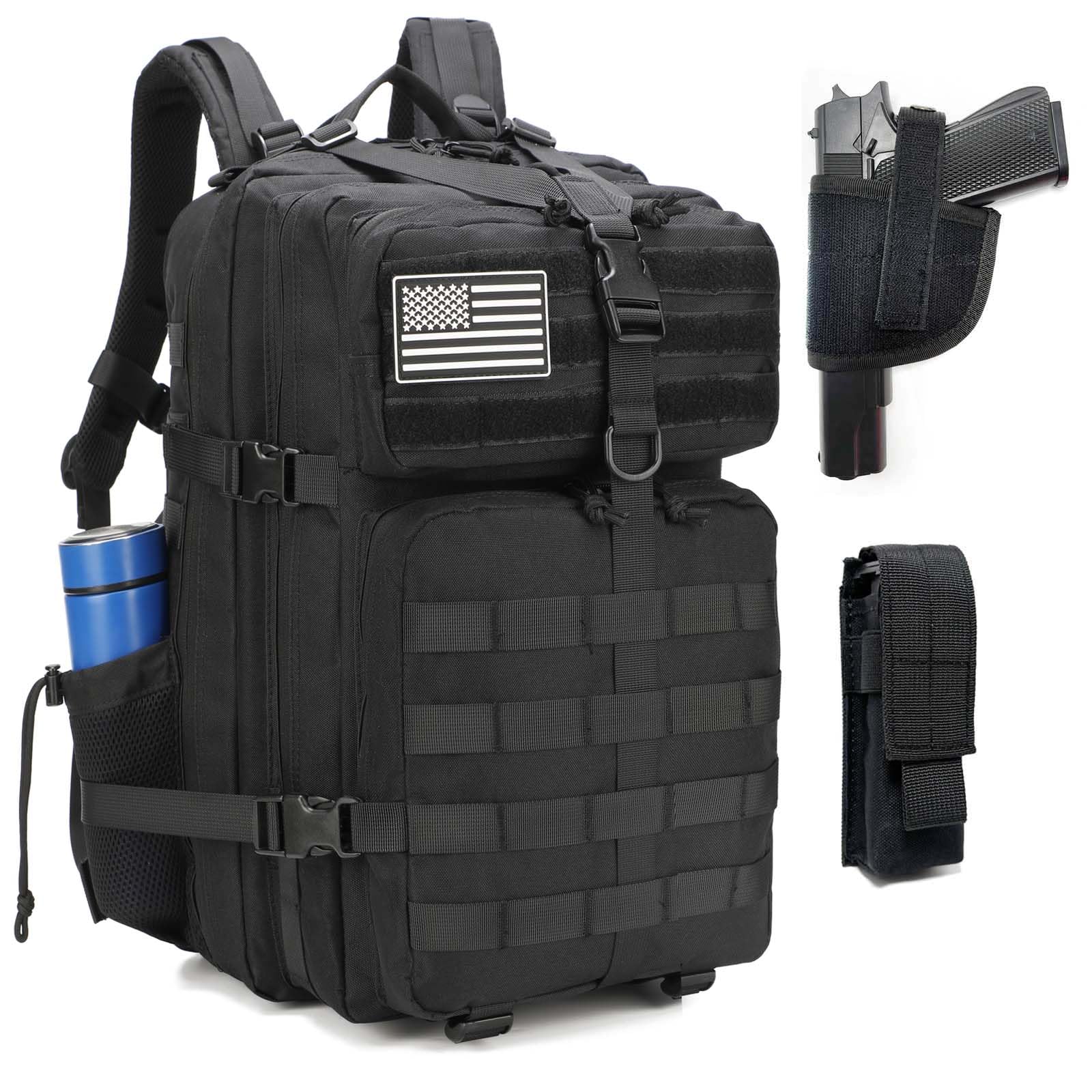 Mochila táctica W.Gun Holster para hombres, mochila militar de caza mochila de senderismo mochila de 3 días con bolsillo lateral, Negro mejorado., Tamaño único, Mochila táctica de asalto