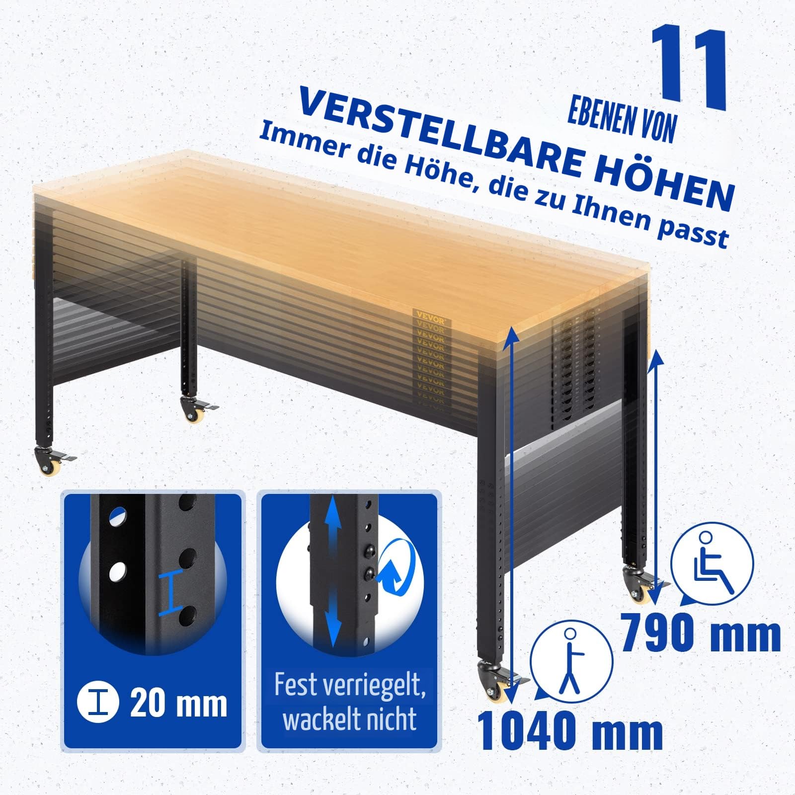 VEVOR verstellbare Werkbank, Werkbank mit Steckdose, Rädern und Stecktafel, robuster Arbeitstisch mit Eichenholzplatte für Garage, Werkstatt, Büro und Zuhause 122 x 51cm