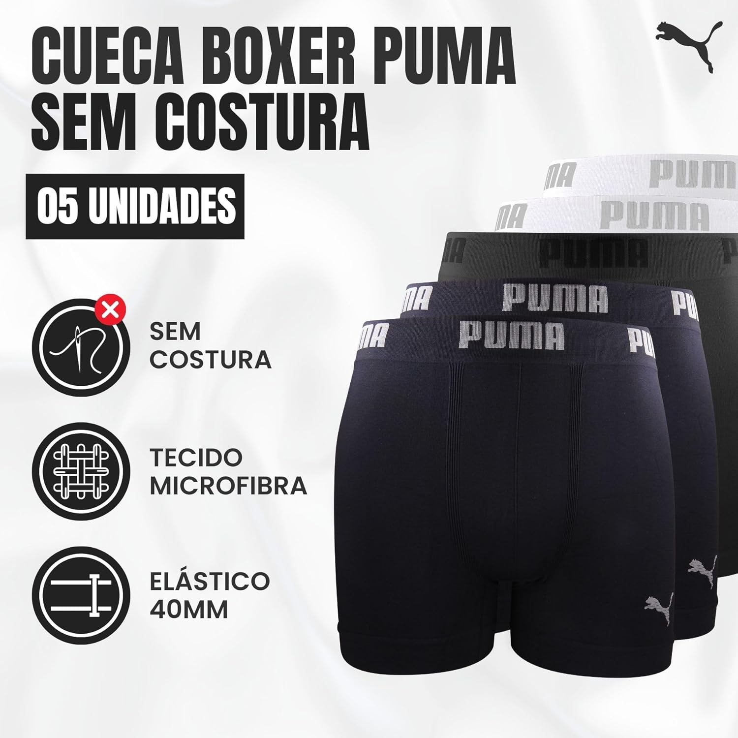 Kit 5 Cuecas Boxer Puma Sem Costura Microfibra Performance Elástico 40MM Masculino Adulto em promoção! Veja a oferta e mais achadinhos de Moda íntima 2 Hoje é o melhor dia para comprar Kit 5 Cuecas Boxer Puma Sem Costura Microfibra Performance Elástico 40MM Masculino Adulto com aquele preço maroto! Promoção! Aproveite a oferta! 2