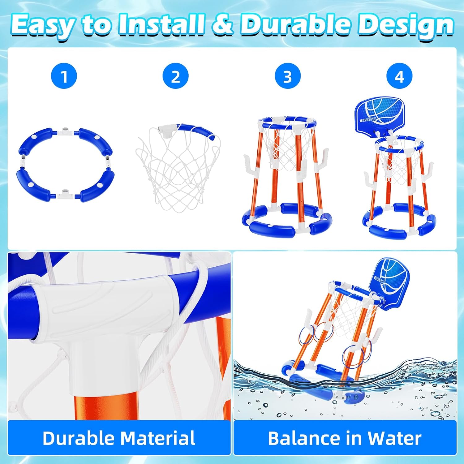 Pool Basketball Hoop with Backboard, Floating Pool Toys for 3-12 Years Old Kids Ring Game with 4 Balls 8 Rings & Pump Outdoor Swimming Pool Basketball Games Water Play Toy Family Party for Kids Adults