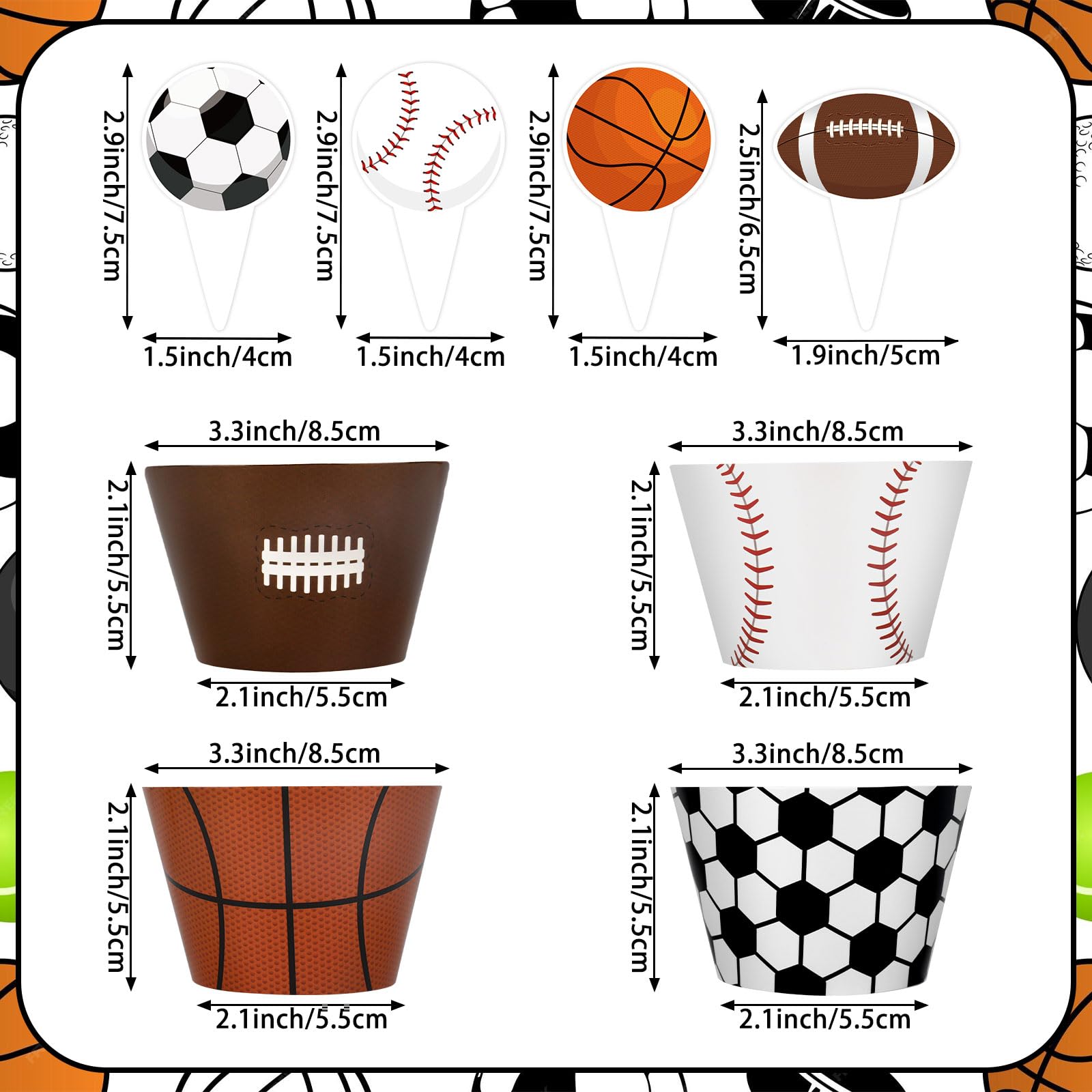 48 Pack Sports Balls Cupcake Toppers and Wrappers, Football Basketball Soccer Baseball Cake Decoration for Sport Theme Birthday Party Sports Game Day Party Supplies