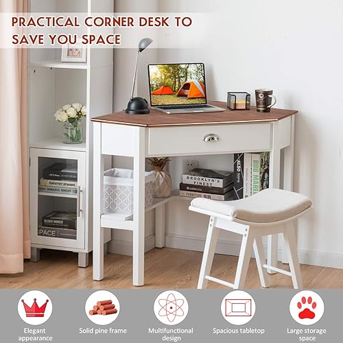 Miniatura 6 de Tangkula Escritorio esquinero, escritorio de esquina para computadora con cajón para espacio pequeño, escritorio de tocador de maquillaje de esquina