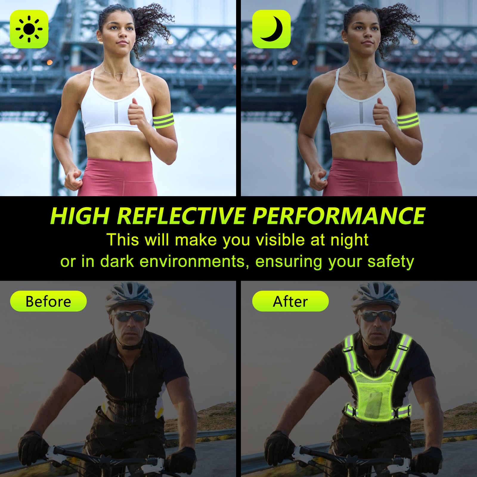 Gilet di Sicurezza, Gilet di Sicurezza Riflettente con 4 Fasce Riflettenti, Regolabile Gilet Antinfortunistici per Ciclismo Ogging Corsa Escursionismo Sport All'aria Aperta