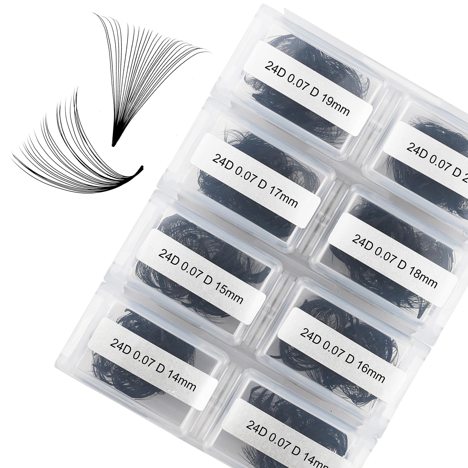 FADLASH Volume Lash Extensions 600pcs 24D Premade Fans Eyelash Extensions D Curl Pointy Base Pre Made Fans Lash Extension Mixed Tray Eyelash Extension Premade Fans (24D-0.07D-14-20mm), Black