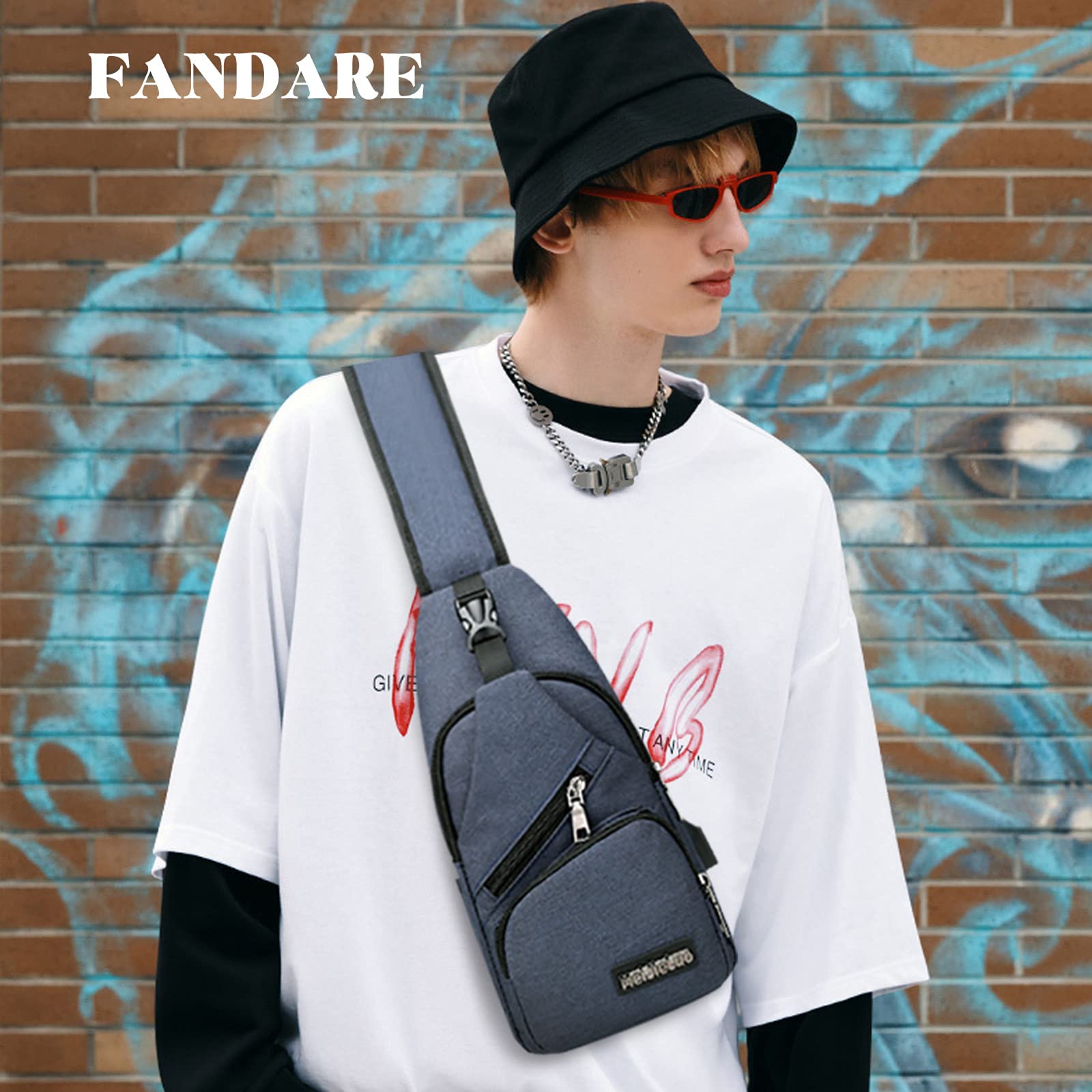FANDARE Unisex Schultertasche Herren Damen Brusttasche Sling Bag Rucksack mit USB Umhängetasche Sporttasche für Wandern,Abenteuer,Sport, Reisen und Joggen Blau
