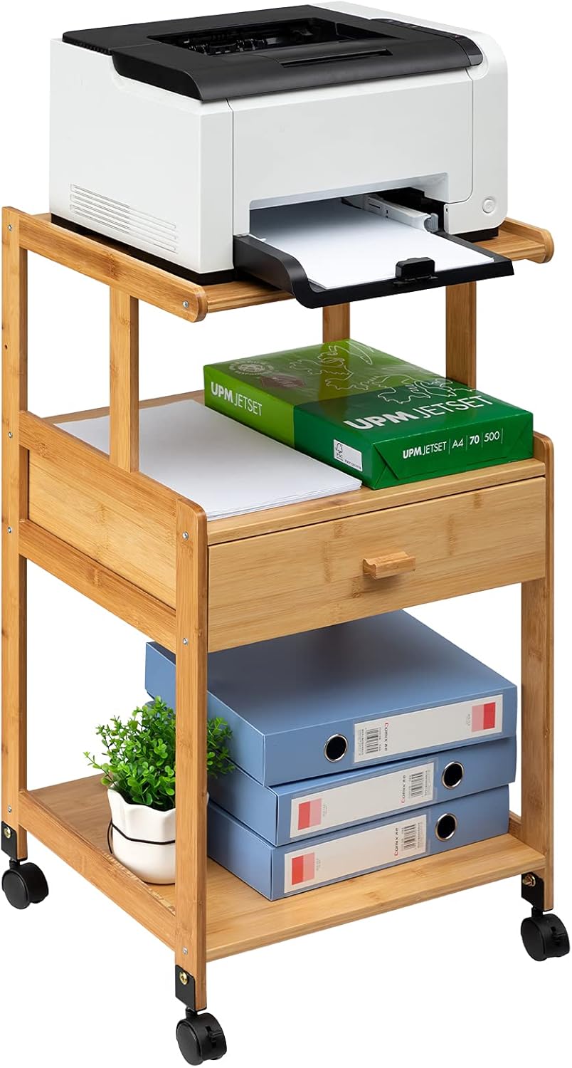 ALIMORDEN 3-Tiers Mobile Printer Stand Holder with Drawer, Rolling Cart with Wheels, Bamboo Rack for Home and Office : Office Products
