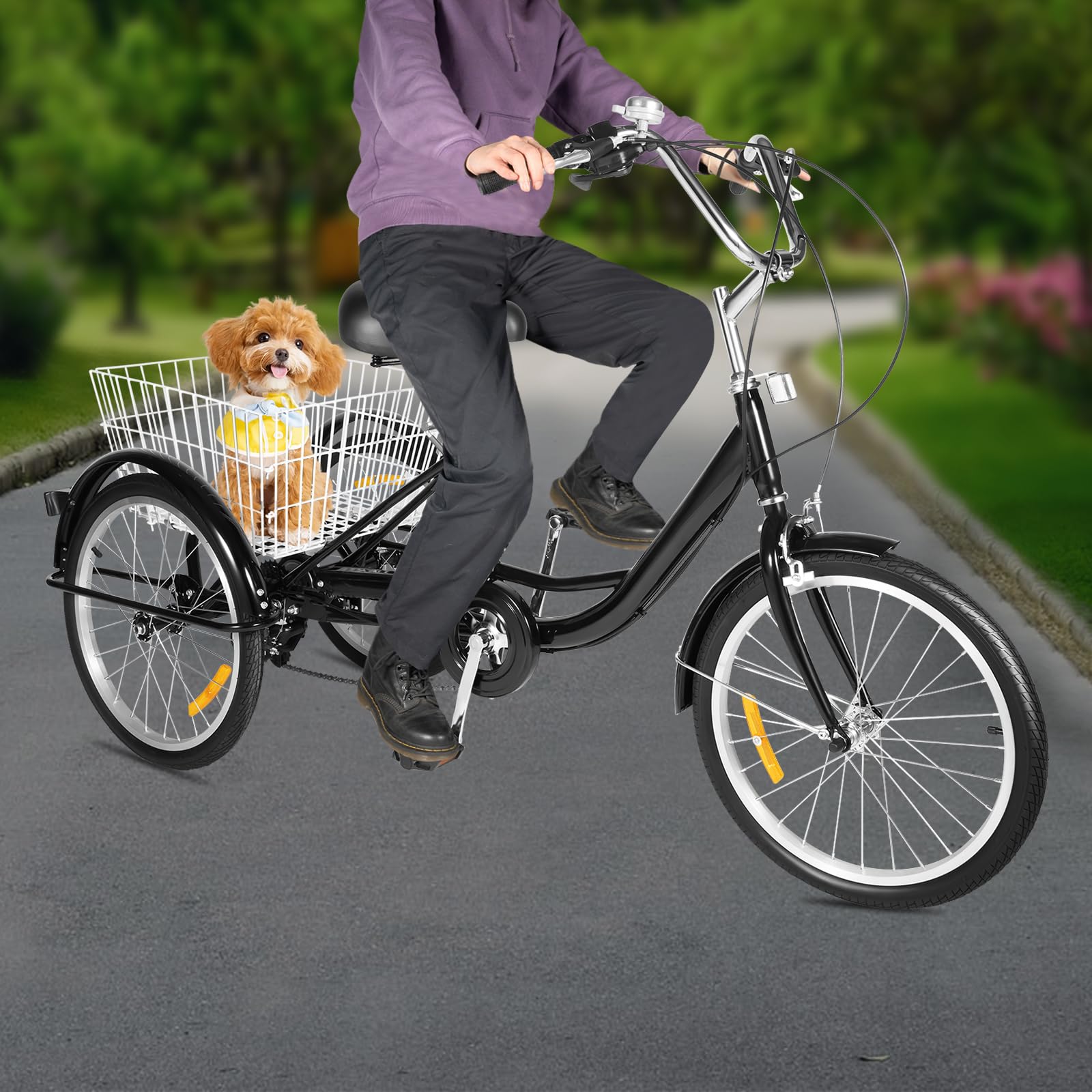 Triciclo adulto de 20 pulgadas, 8 velocidades, bicicleta de 3 ruedas con cesta trasera grande, asiento ajustable y manillar, marco de acero de alto carbono, bicicleta para personas mayores