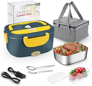 [ 2025 Upgrade]Electric Lunch Box 1.5L Food Heater, Portable 60W Food Warmer for Car and Home, with Detachable 304 Stainless Steel Container Fork and Spoon