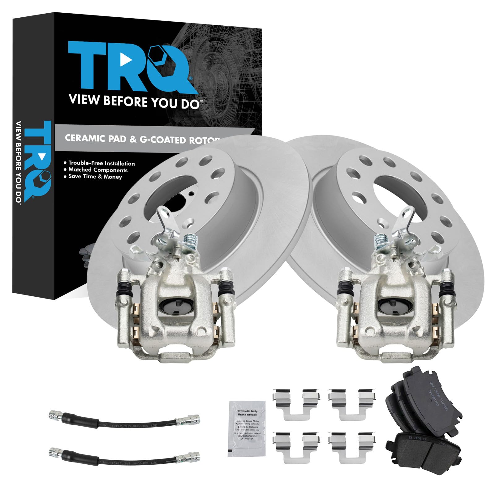 TRQ Rear Brake Pad and Rotor Set Ceramic Coated Rotors Calipers Hoses Compatible with 2010 Volkswagen Jetta