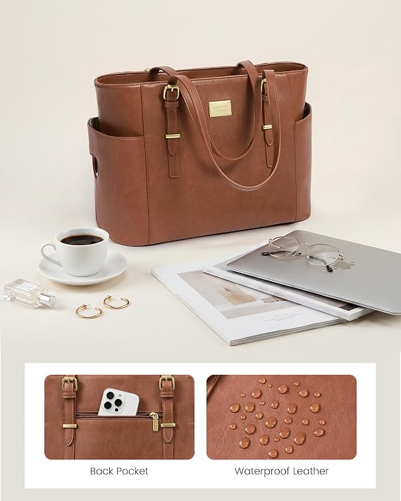 LOVEVOOK Laptop Tote Bag for Women, Vintage Leather 15.6 Inch Work Tote with Large Water Bottle Pocket, Teacher Nurse Professional Computer Bag, Office Briefcase Handbag Gift, Brown