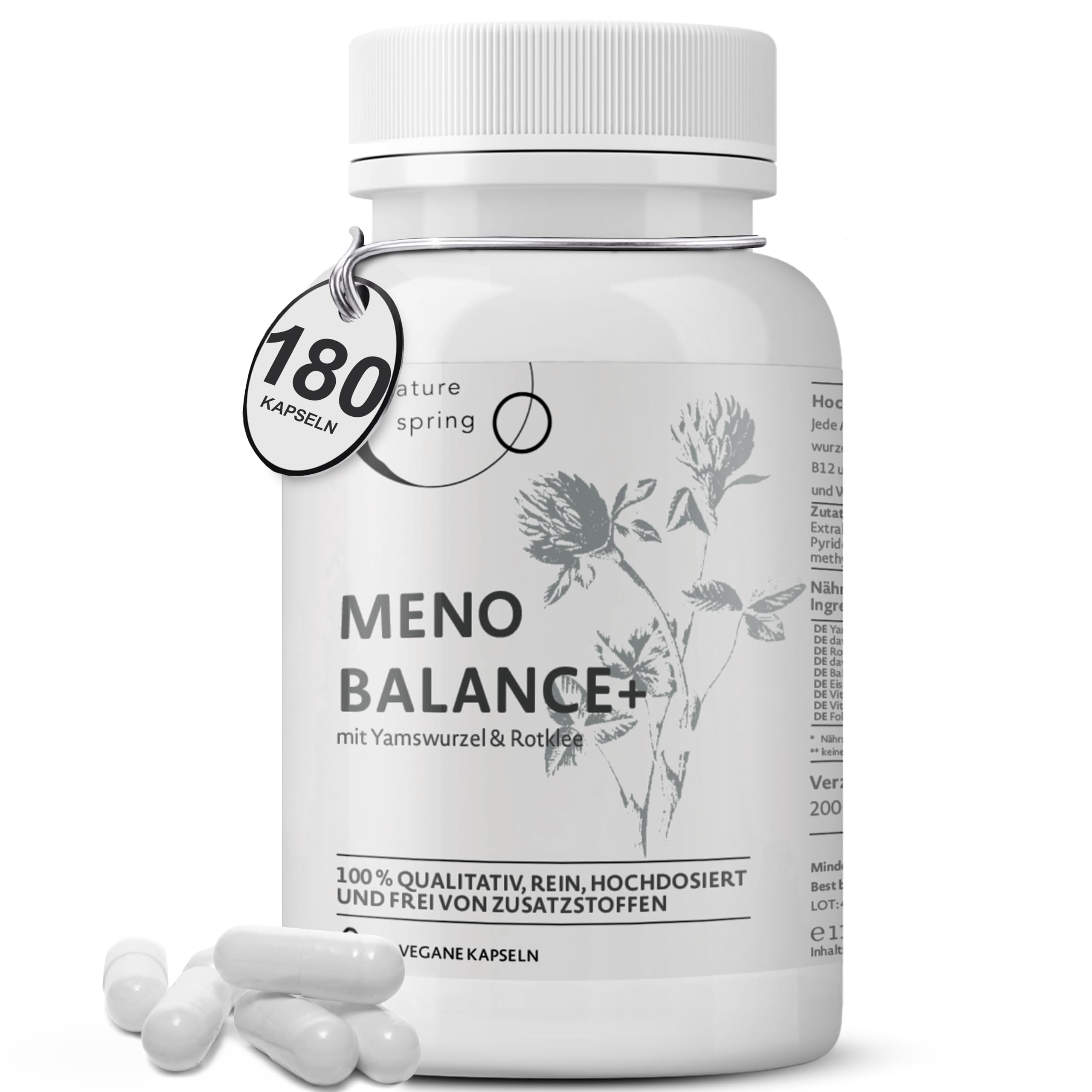 Wechseljahre Kapseln für Frauen ab 50 | Meno Balance+ | Komplex mit Yamswurzel, Rotklee & Baldrian | Eisen, Folsäure & B-Vitamine | Hitzewallungen, Schlaf & Stimmung | 180 vegane Kapseln, laborgeprüft