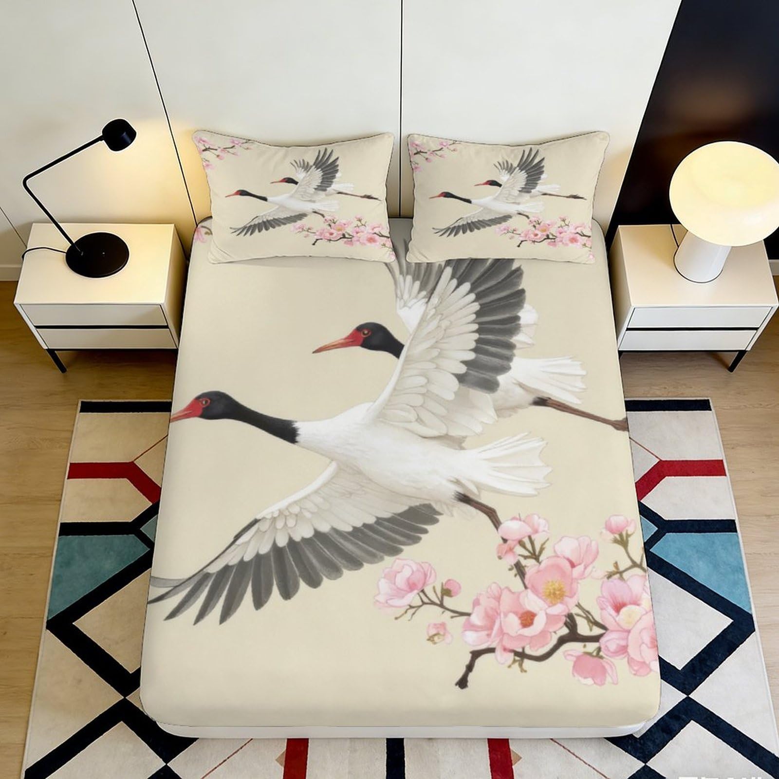 3D Printed Crane Blossom Fitted Sheet Microfiber Deep Pocket Non-Slip Bedding Crane Mattress Fitted Cover for Adults 180x200x25cm