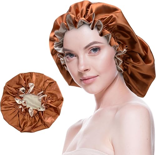Beutyme Gorro de seda para dormir, gorro de satén, doble capa, reversible, para 