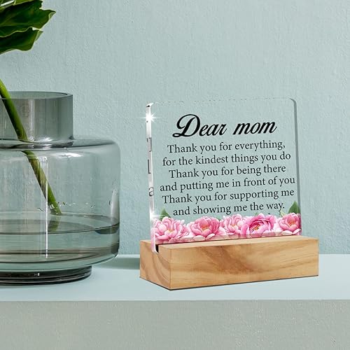 Miniatura 5 de Regalo de acrílico para mamá, regalo de decoración de escritorio, diseño floral de "Dear Mom Thank You", letrero decorativo de acrílico transparente
