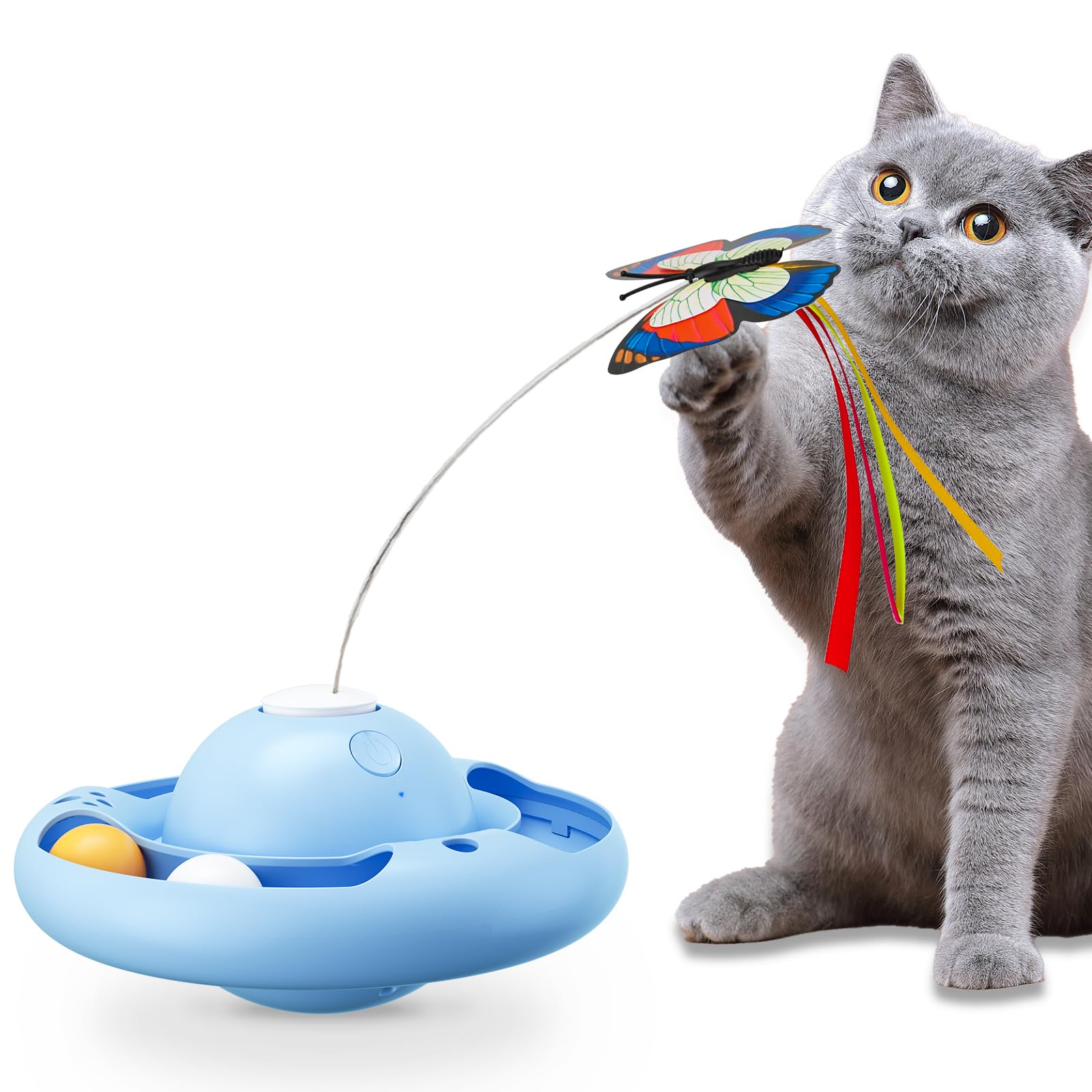 Gmiigu Juguetes para Gatos, Juguetes Gatos interactivos automático con 2 Mariposas y 2 Bolas, Juegos Gatos giratoria, 3-velocidades para Gatos Adultos, Gatitos, Azul (sin batería)