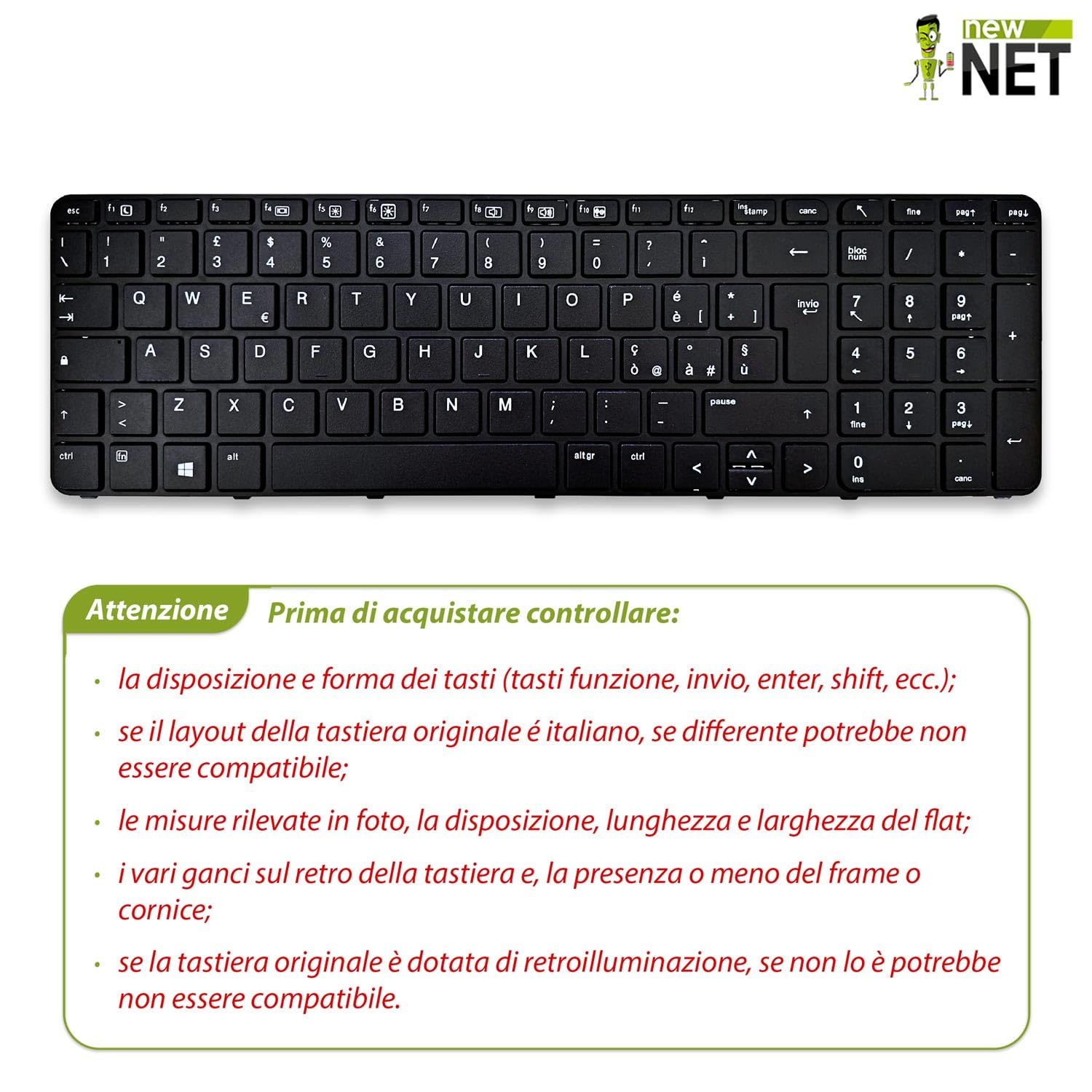 new net - Tastiera Compatibile con Notebook HP 827028-061, 841136-061, 837549-BB1, NSK-CZ5SQ [Frame Nero - Layout ITA]