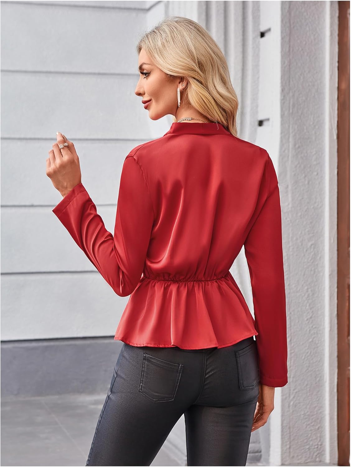 MakeMeChic Women's Wrap V Neck Long Sleeve Ruched Satin Shirt Blouse Elegant Peplum Tops - Image 2