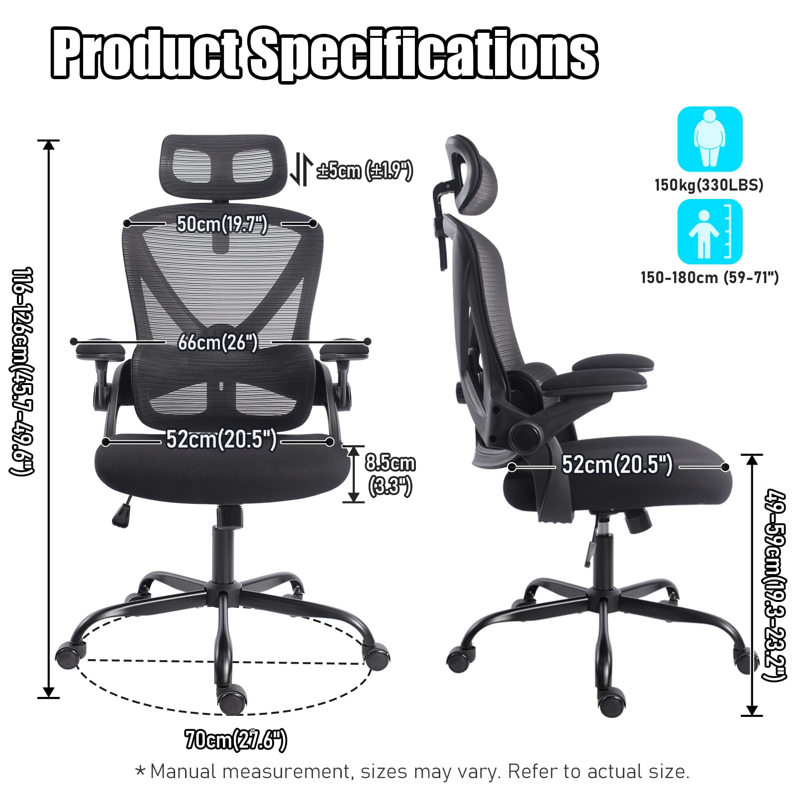 Silla de Oficina Ergonómica con Soporte Lumbar Ajustable, Reposabrazos 3D, Reposacabezas 2D, Silla Escritorio de Malla Alta Giratoria para Hogar y Oficina Estudio Gaming，Negro