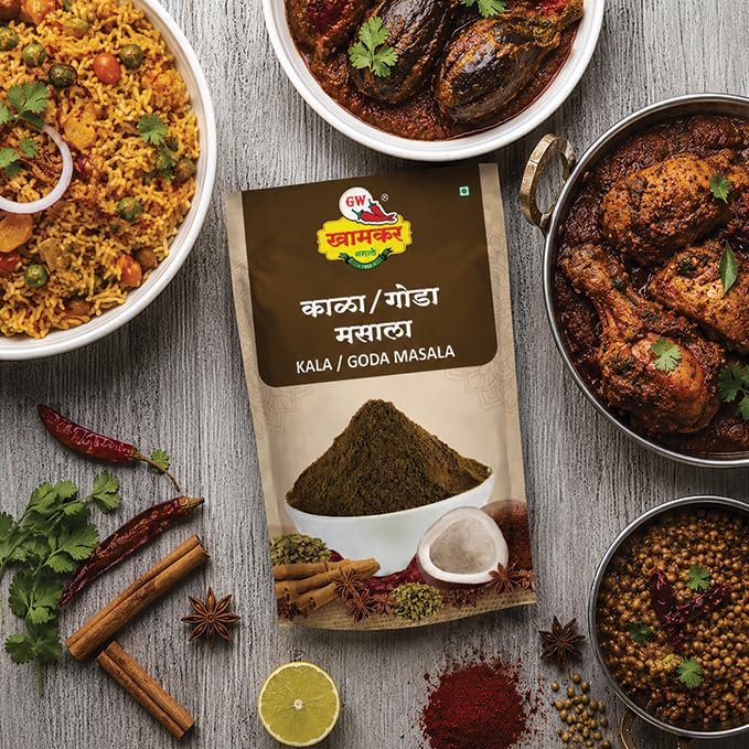 Image of GW Khamkar Special Kala Goda Masala /Powder /Spices, Taste of 90 Years' Experience, Aromatic mild Maharashtrian Flavor, Zip Lock & Re-usable Pack, and 250grams Pack of 1.