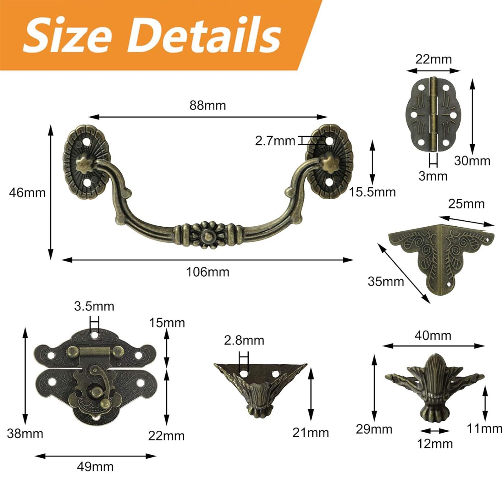 MOROBOR Jewelry Box Antique Lock Latch Hasp Hinges Handle Box Corner Protectors Kit for DIY Jewelry Box Bronze 2 Sets 24Pcs - Image 2