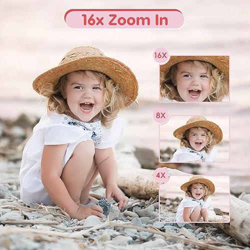 Miniatura 9 de Cámara digital, FHD 1080P para niños, cámara de apuntar y disparar de 44 MP, cámara pequeña compacta con zoom 16X para niños con tarjeta de 32G y 2