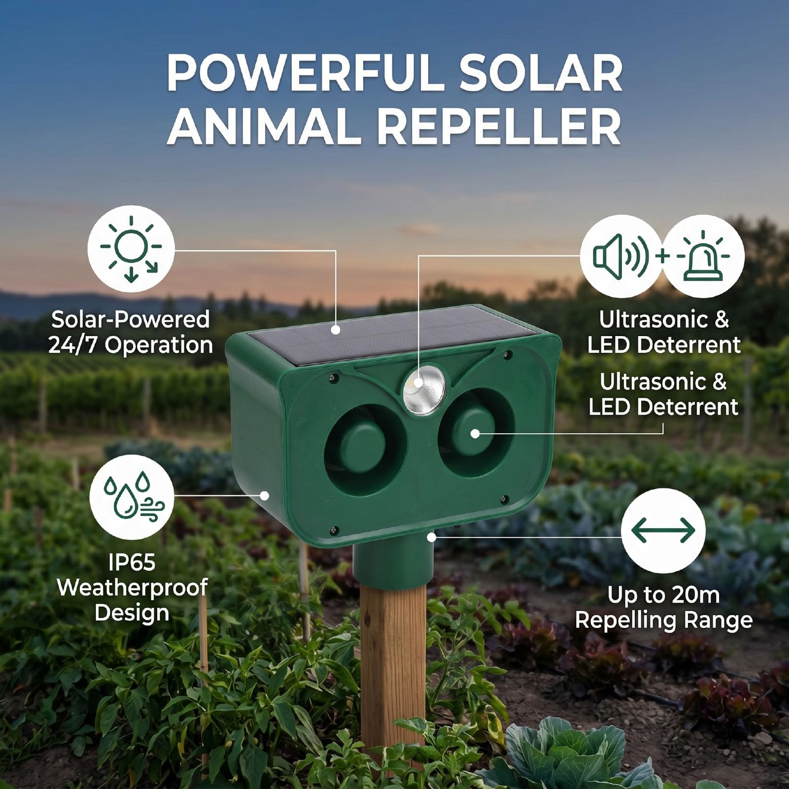 Marhynchus Dissuasore Solare per Animali con Luci Lampeggianti | Robusto design impermeabile, efficace deterrente acustico, copertura di 20 metri, per frutteti e giardini