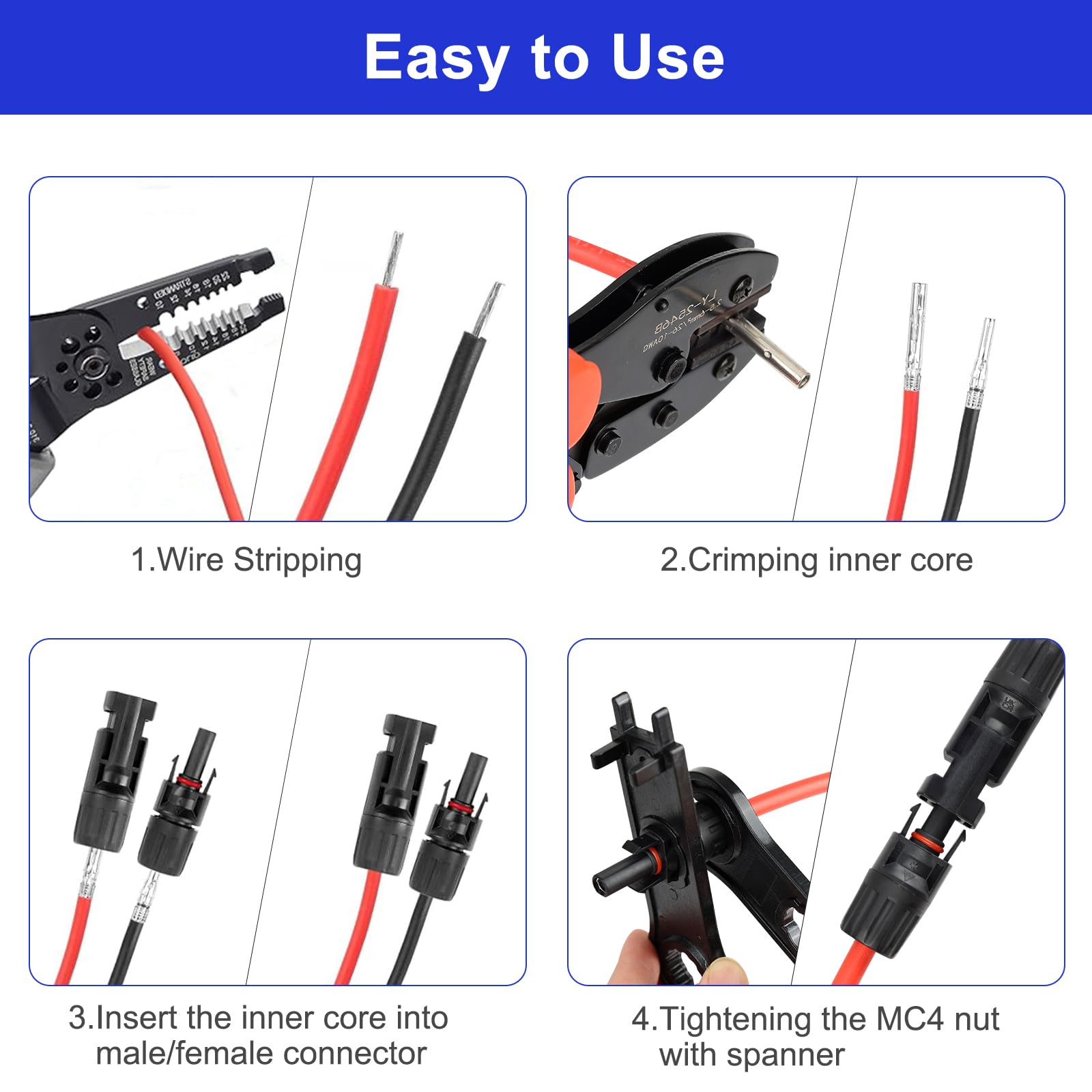 Kit de herramientas de crimpado solar con 60 conectores solares, 1 par de llaves inglesas de conector solar, 1 pelacables de alambre, herramienta de crimpado para montaje de extensión de cable de