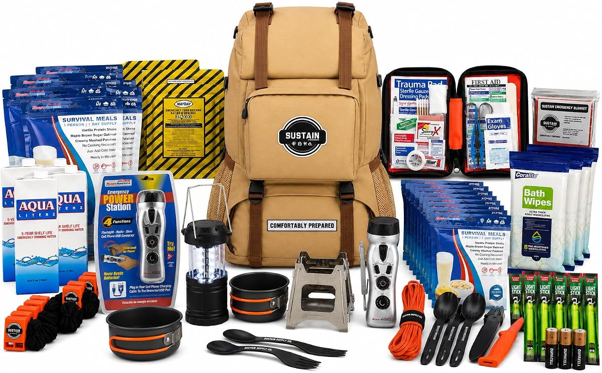 Ready America 70492 Comfort Sustain Supply 4Person 3Day Emergency Backpack | Comfort Kit with Long-Shelf-Life Food & Water, First Aid, Lighting, Tools & Emergency Supplies for Disaster Preparedness