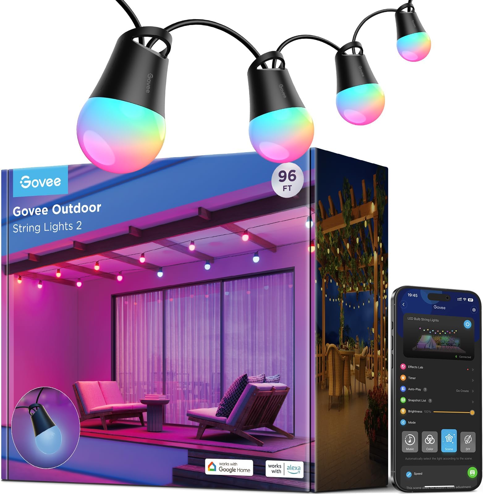 Govee Outdoor Smart String Lights 2, 30M Dimmable RGBICW Outdoor Lights with 16 Million Color and 47 Scene Modes, 100lm per LED Last for 25,000h, IP65 Waterproof, Works with Alexa, Google Assistant