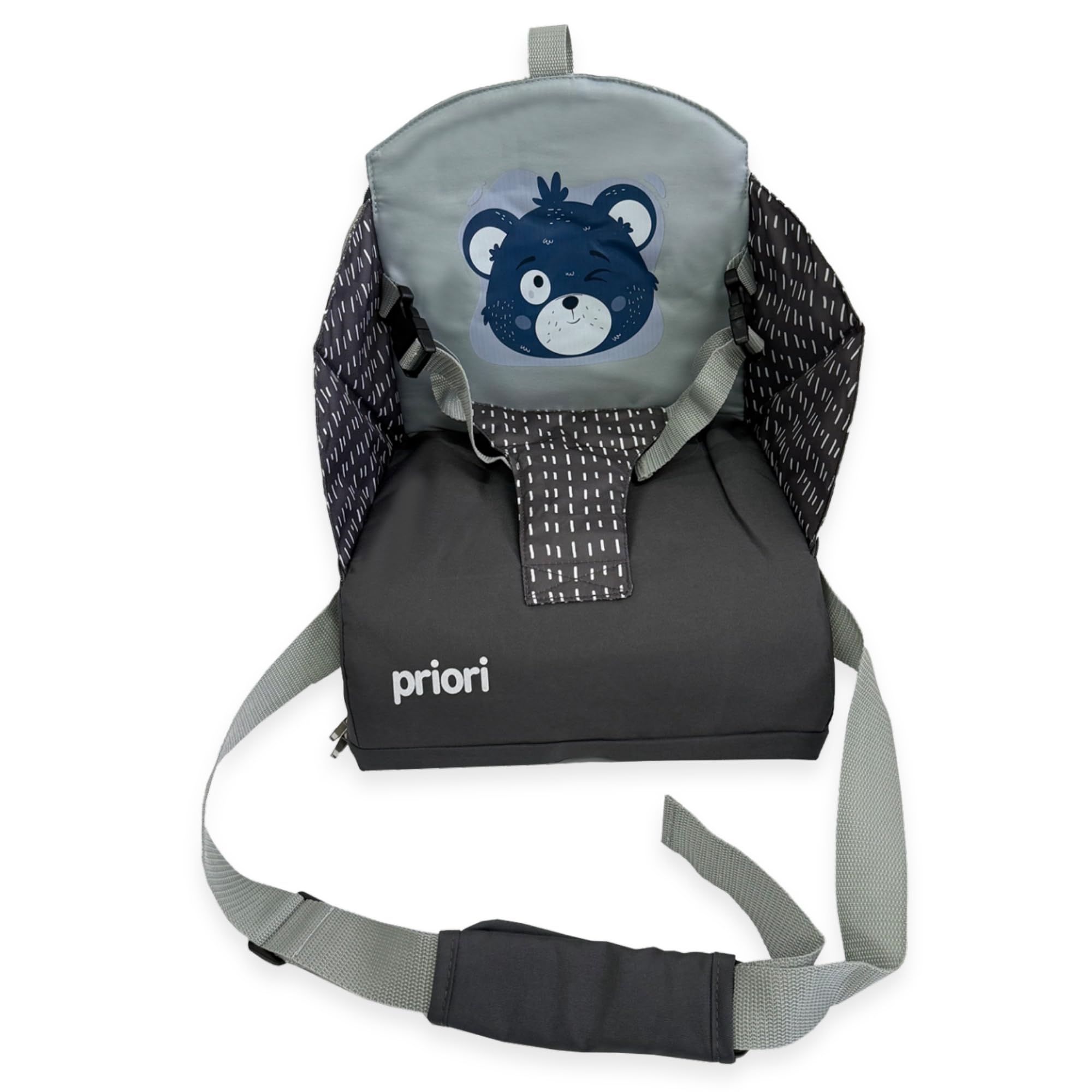 Chaise haute bébé portable Priori ALBI – siège rehausseur sécurisé et pliable, léger et confortable, avec harnais de sécurité, idéal pour les repas et les déplacements (Gris)
