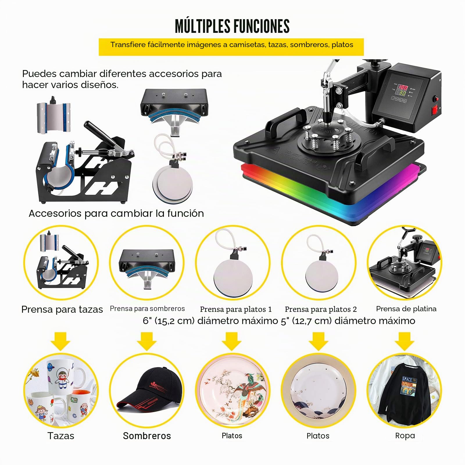 VEVOR Prensa de Calor Multifuncional 6 en 1, 38x30cm Máquina de Sublimación para Camisetas, Tazas Gorras Máquina de Transferencia de Calor Multifuncional, con Accesorios Completos